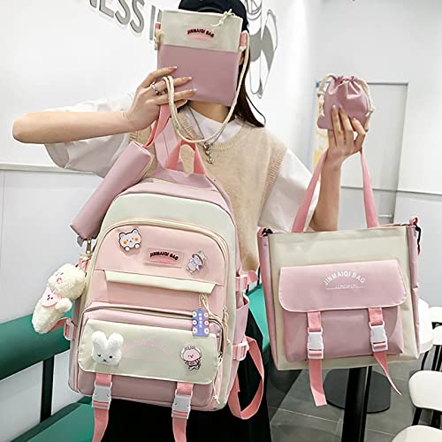 YGYCF Kawaii Backpack 5Pcs Set for Student with Cute Bear Accessories - School Bags for Teen Girls Back to School Supplies Essentials Aesthetic Bookbag, B Pink