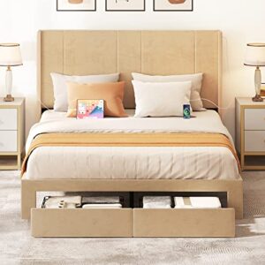 YITAHOME Queen Size Bed Frame, Platform Bed Frame with Storage Drawers, Upholstered Bed Frame with Headboard Built-in 2 USB Charging Stations and Strong Wood Slats Support, No Box Spring Needed, Beige