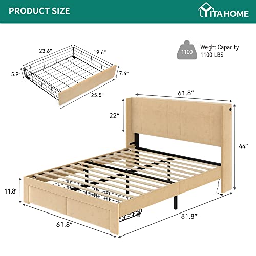 YITAHOME Queen Size Bed Frame, Platform Bed Frame with Storage Drawers, Upholstered Bed Frame with Headboard Built-in 2 USB Charging Stations and Strong Wood Slats Support, No Box Spring Needed, Beige