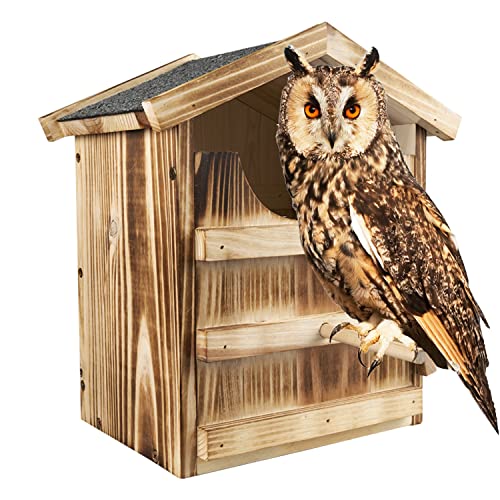 Honfenfa Owl House ，Barn Owl Bird House,Owl Nesting Box,Large Handmade Wooden Rectangular Opening Bird Box,with Mounting Screws,with Mounting Screws and A Bag of Wood Shavings, Easy Assembly Required