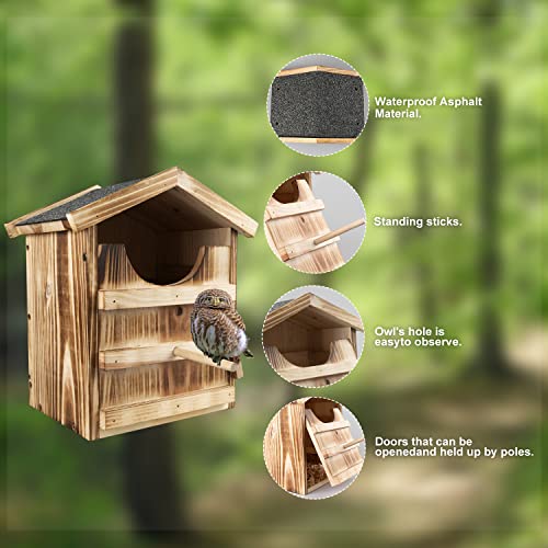 Honfenfa Owl House ，Barn Owl Bird House,Owl Nesting Box,Large Handmade Wooden Rectangular Opening Bird Box,with Mounting Screws,with Mounting Screws and A Bag of Wood Shavings, Easy Assembly Required