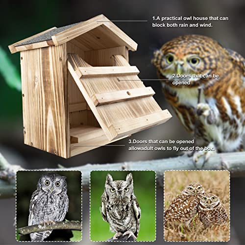 Honfenfa Owl House ，Barn Owl Bird House,Owl Nesting Box,Large Handmade Wooden Rectangular Opening Bird Box,with Mounting Screws,with Mounting Screws and A Bag of Wood Shavings, Easy Assembly Required