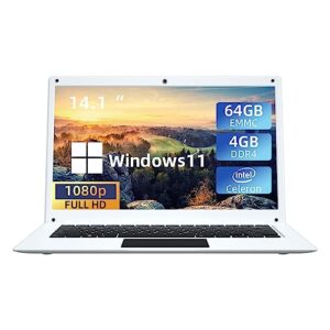 14.1'' windows 11 laptop, intel celeron n3450, 1920x1080 fhd ips display, ultra slim notebook pc, with 4gb ram 64gb emmc, bt4.2, work study computer