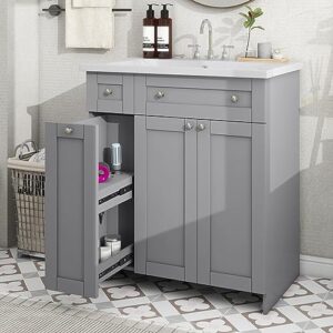 p purlove 30" bathroom vanity with single sink and soft close doors, modern bathroom cabinet with adjustable storage shelf and drawers, solid wood frame, grey