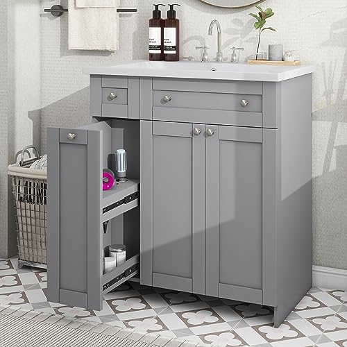 P PURLOVE 30" Bathroom Vanity with Single Sink and Soft Close Doors, Modern Bathroom Cabinet with Adjustable Storage Shelf and Drawers, Solid Wood Frame, Grey