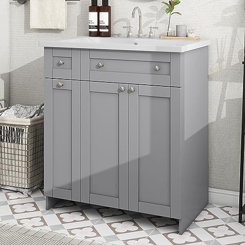 P PURLOVE 30" Bathroom Vanity with Single Sink and Soft Close Doors, Modern Bathroom Cabinet with Adjustable Storage Shelf and Drawers, Solid Wood Frame, Grey