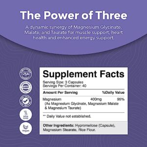Triple Magnesium Complex Supplement 400mg Elemental - High Absorption Magnesium Taurate and Glycinate Plus Malate Magnesium Blend for Sleep Muscle Bone Mood and More - Non GMO Vegan Magnesium 400 mg