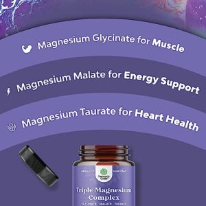 Triple Magnesium Complex Supplement 400mg Elemental - High Absorption Magnesium Taurate and Glycinate Plus Malate Magnesium Blend for Sleep Muscle Bone Mood and More - Non GMO Vegan Magnesium 400 mg