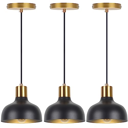 sanoni 3 Pack Pendant Lights Kitchen Island (3 Bulbs Included), Black Matte Pendant Light E26 Base, Farmhouse Dome Metal Hanging Pendant Light Fixtures for Kitchen Island, Dining Room and Bedroom