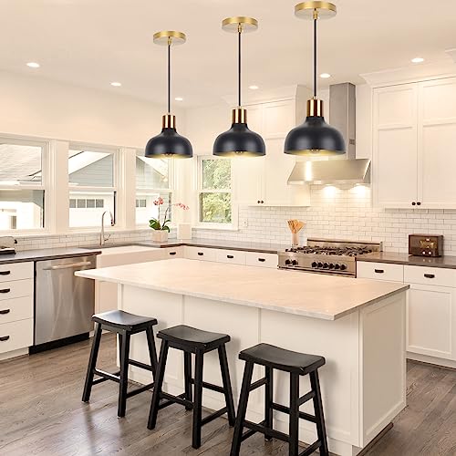 sanoni 3 Pack Pendant Lights Kitchen Island (3 Bulbs Included), Black Matte Pendant Light E26 Base, Farmhouse Dome Metal Hanging Pendant Light Fixtures for Kitchen Island, Dining Room and Bedroom