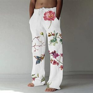 Mens Linen Pants Beach Hawaii Print Casual Summer Plus Size Lounge Pants Elastic Waist Drawstring Baggy Trousers with Pockets