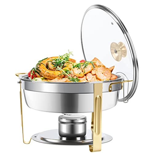 Amhier 5 Qt Chafing Dish Buffet Set with Visible Glass Lid and Holder, Stainless Steel Round Chafers and Buffet Warmers Sets with Food and Water Trays for Catering, Parties and Weddings, Gold, 1 Pack