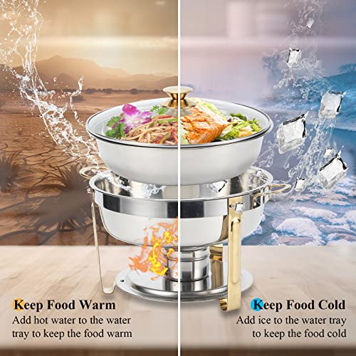 Amhier 5 Qt Chafing Dish Buffet Set with Visible Glass Lid and Holder, Stainless Steel Round Chafers and Buffet Warmers Sets with Food and Water Trays for Catering, Parties and Weddings, Gold, 1 Pack