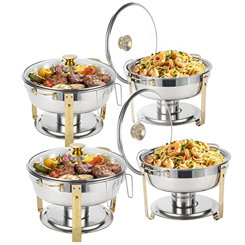 Amhier 5 Qt Chafing Dish Buffet Set with Visible Glass Lid and Holder, Stainless Steel Round Chafers and Buffet Warmers Sets with Food and Water Trays for Catering, Parties and Weddings, Gold, 4 Pack