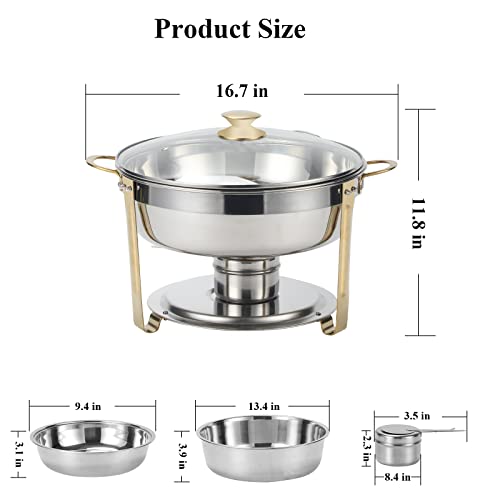 Amhier 5 Qt Chafing Dish Buffet Set with Visible Glass Lid and Holder, Stainless Steel Round Chafers and Buffet Warmers Sets with Food and Water Trays for Catering, Parties and Weddings, Gold, 4 Pack