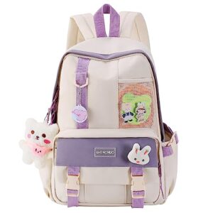 unineovo kawaii school backpack with cute pin and accessories, lightweight 14 inch laptop bag for teens girls, cute school backpack for elementary school, middle school, high school,college (purple)