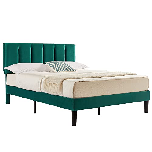 VECELO Full Bed Frames, Upholstered Platform Bedframe, Adjustable Headboard, Wood Slat Support, No Box Spring Needed, Easy Assembly, Dark Green