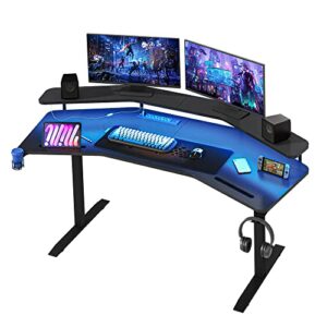 melodyblue gaming desk with led lights, 63" wing-shaped computer desk with rgb mouse pad, power outlets, monitor stand, headphone hook, cup holder, ergonomic studio desk, gaming table, black