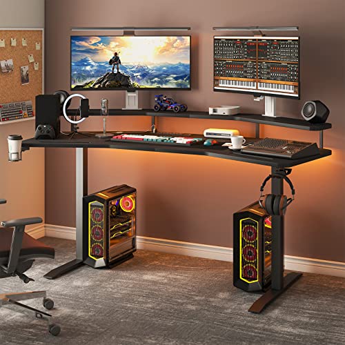 Melodyblue Gaming Desk with LED Lights, 63" Wing-Shaped Computer Desk with RGB Mouse Pad, Power Outlets, Monitor Stand, Headphone Hook, Cup Holder, Ergonomic Studio Desk, Gaming Table, Black