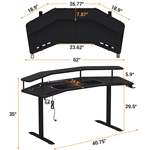 Melodyblue Gaming Desk with LED Lights, 63" Wing-Shaped Computer Desk with RGB Mouse Pad, Power Outlets, Monitor Stand, Headphone Hook, Cup Holder, Ergonomic Studio Desk, Gaming Table, Black