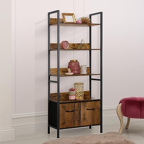 LIANTRAL 5 Tier Bookshelf with Drawers, Tall Bookcase with Shelves, Wood and Metal Book Shelf Storage Organizer, Industrial Display Standing Shelf Unit for Bedroom, Living Room, Office, Rustic Brown