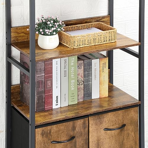 LIANTRAL 5 Tier Bookshelf with Drawers, Tall Bookcase with Shelves, Wood and Metal Book Shelf Storage Organizer, Industrial Display Standing Shelf Unit for Bedroom, Living Room, Office, Rustic Brown