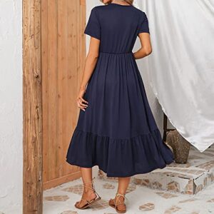 Summer Maxi Dresses for Women 2023, Casual Short Sleeve Crewneck Flowy Long Dresses Tiered Swing Beach Dress with Pockets(Navy, S)