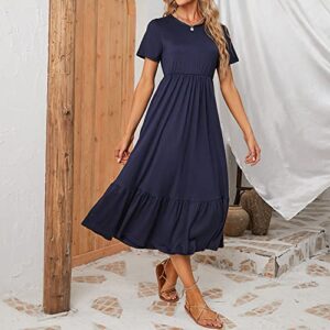 Summer Maxi Dresses for Women 2023, Casual Short Sleeve Crewneck Flowy Long Dresses Tiered Swing Beach Dress with Pockets(Navy, S)