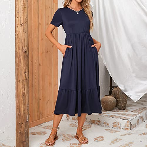 Summer Maxi Dresses for Women 2023, Casual Short Sleeve Crewneck Flowy Long Dresses Tiered Swing Beach Dress with Pockets(Navy, S)