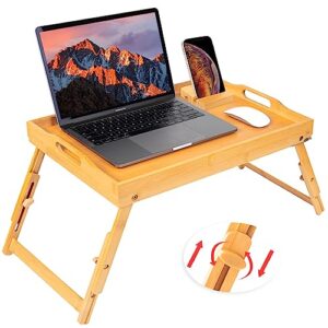 bellsal large bamboo bed tray table, large breakfast tray - 19.7x13 inch with adjustable legs, multipurpose serving tray use as portable laptop tray, snack tray, platter tray for working, eating