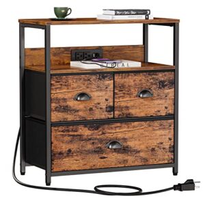 Furnulem Nightstand with Charging Station, Wooden End Table with USB Ports & Power Outlets, Industrial Bedside Tables with 3 Fabric Drawers and Shelf for Bedroom, Living Room, Rustic Brown