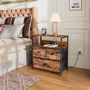 Furnulem Nightstand with Charging Station, Wooden End Table with USB Ports & Power Outlets, Industrial Bedside Tables with 3 Fabric Drawers and Shelf for Bedroom, Living Room, Rustic Brown