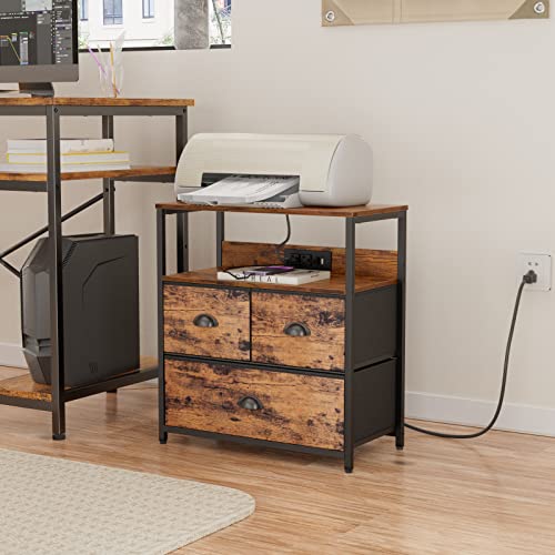 Furnulem Nightstand with Charging Station, Wooden End Table with USB Ports & Power Outlets, Industrial Bedside Tables with 3 Fabric Drawers and Shelf for Bedroom, Living Room, Rustic Brown