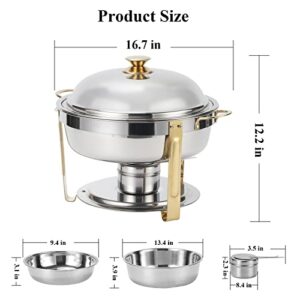 Amhier 5 Qt Chafing Dish Buffet Set with Stainless Steel Lid, Round Chafers and Buffet Warmers Sets with Food and Water Trays for Catering, Parties, Hotels and Weddings, Gold, 1 Pack