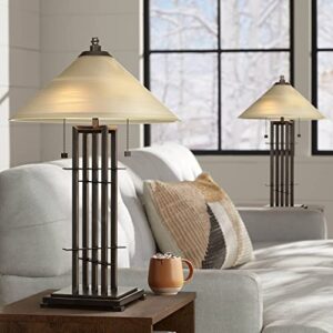 franklin iron works metro collection 23 1/2" high planes 'n' posts small farmhouse rustic modern accent table lamps set of 2 pull chain metal amber art glass shade living room bedroom bedside