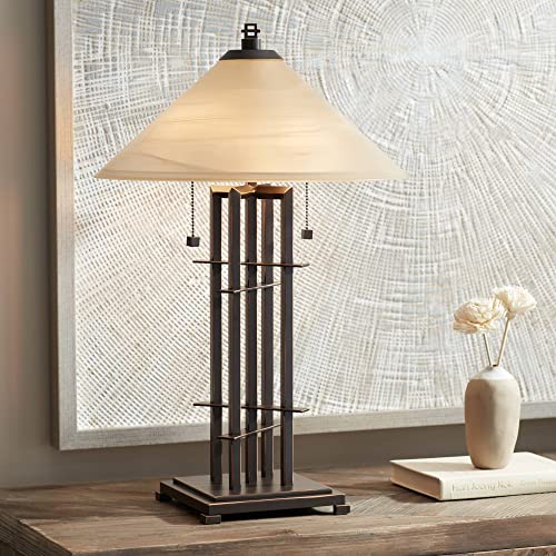 Franklin Iron Works Metro Collection 23 1/2" High Planes 'n' Posts Small Farmhouse Rustic Modern Accent Table Lamps Set of 2 Pull Chain Metal Amber Art Glass Shade Living Room Bedroom Bedside