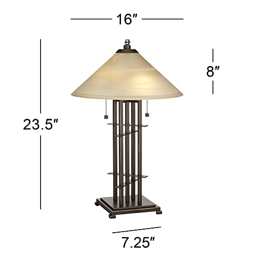 Franklin Iron Works Metro Collection 23 1/2" High Planes 'n' Posts Small Farmhouse Rustic Modern Accent Table Lamps Set of 2 Pull Chain Metal Amber Art Glass Shade Living Room Bedroom Bedside