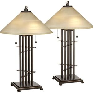 Franklin Iron Works Metro Collection 23 1/2" High Planes 'n' Posts Small Farmhouse Rustic Modern Accent Table Lamps Set of 2 Pull Chain Metal Amber Art Glass Shade Living Room Bedroom Bedside
