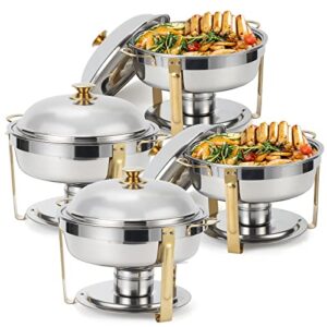 amhier 5 qt chafing dish buffet set with stainless steel lid, round chafers and buffet warmers sets with food and water trays for catering, parties, hotels and weddings, gold, 4 pack