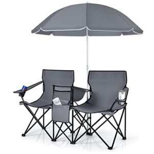costway, folding w/detachable umbrella, cooler bag, cup holders, patio beach camping outdoors double portable picnic chair, grey