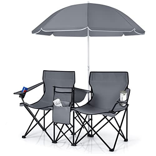 COSTWAY, Folding w/Detachable Umbrella, Cooler Bag, Cup Holders, Patio Beach Camping Outdoors Double Portable Picnic Chair, Grey