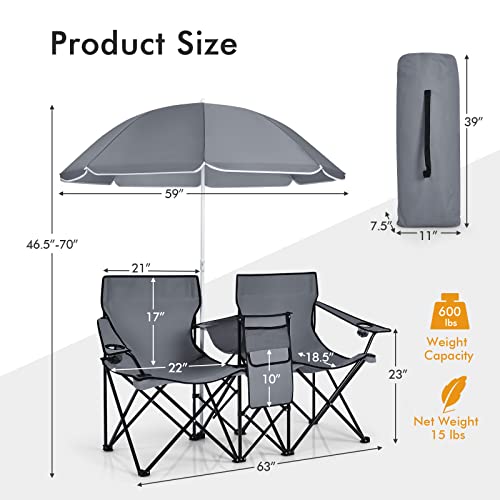 COSTWAY, Folding w/Detachable Umbrella, Cooler Bag, Cup Holders, Patio Beach Camping Outdoors Double Portable Picnic Chair, Grey