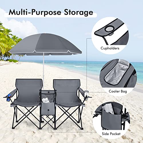 COSTWAY, Folding w/Detachable Umbrella, Cooler Bag, Cup Holders, Patio Beach Camping Outdoors Double Portable Picnic Chair, Grey