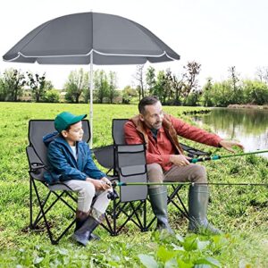 COSTWAY, Folding w/Detachable Umbrella, Cooler Bag, Cup Holders, Patio Beach Camping Outdoors Double Portable Picnic Chair, Grey