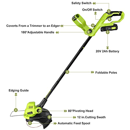 SnapFresh Battery Operated Lawn Trimmer, 20V Line String Trimmer with 13 ft 0.065” Trimmer Line Replacement Spools, 2.0Ah Battery, Fast Charger (Cordless String Trimmer)