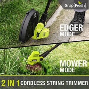 SnapFresh Battery Operated Lawn Trimmer, 20V Line String Trimmer with 13 ft 0.065” Trimmer Line Replacement Spools, 2.0Ah Battery, Fast Charger (Cordless String Trimmer)