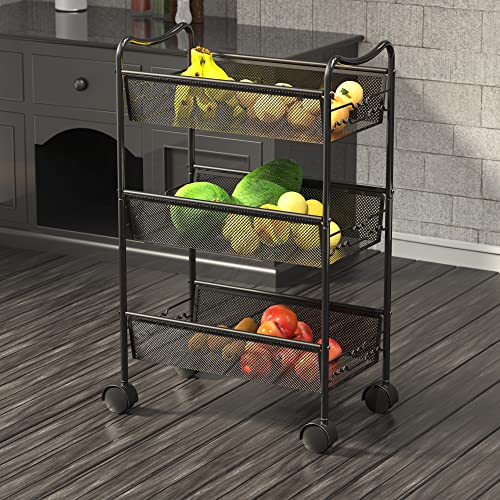 DecoBros 3-Tier Metal Utility Rolling Cart, Black