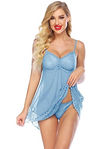 Avidlove Women V-Neck Lingerie Lace Babydoll Chemise Nightwear Outfits(Clear Blue, M)
