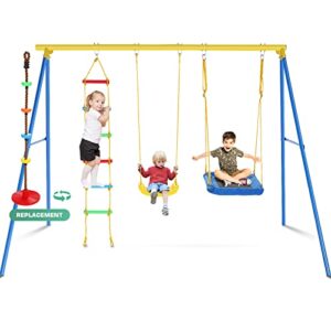 plohee 550lbs 4 in 1 swing sets for backyard - heavy-duty metal playset for kids, waterproof with 2 adjustable swings climbing rope swing climbing ladder (yellow)