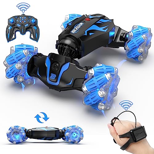 BEZGAR Remote Control Car - Gesture RC Car with Lighting, Sound & Smoke Effects, 2.4Ghz Hand Controlled RC Stunt Car for Kids, Indoor/Outdoor Rechargeable Toy Cars Birthday Gifts for Boys & Girls-Blue